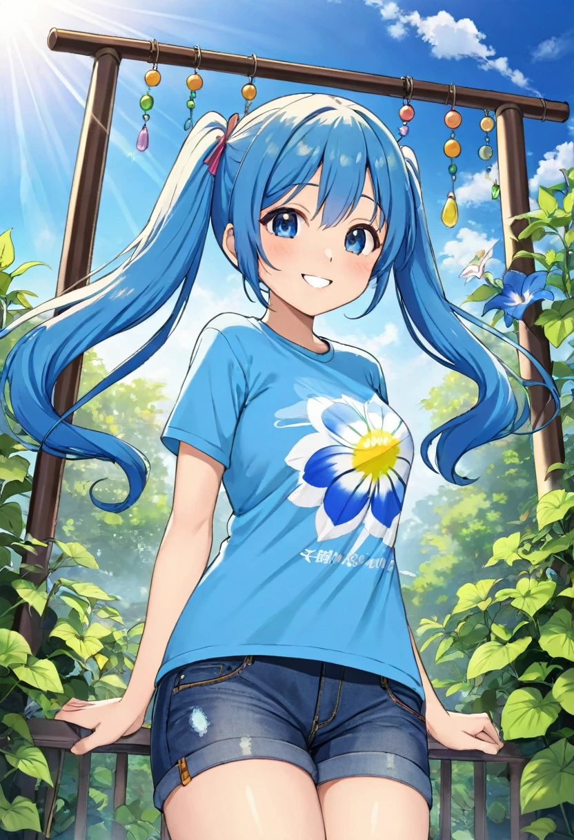 Summer sky Morning glory wind chimes Light blue long hair Beautiful girl with twin tails T-Shirts Denim G-Pan Bright smile
