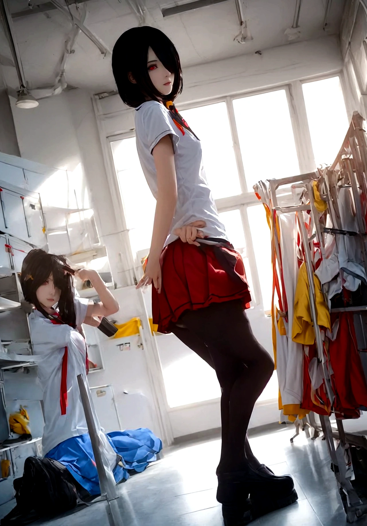 ultra-detailed,highly detailed,best quality,masterpiece,illustration,
The image features an anime-style character with long, dark hair and heterochromatic eyes—one red and one yellow. The character is wearing a white sports shirt with red accents and a matching red skirt. The setting appears to be a locker room or a sports equipment room, as there are clothes and uniforms hanging in the background. The character's pose, with hands on hips and a slightly tilted head, suggests confidence or curiosity. The lighting is soft, casting gentle shadows and giving the scene a somewhat realistic touch despite its animated nature.