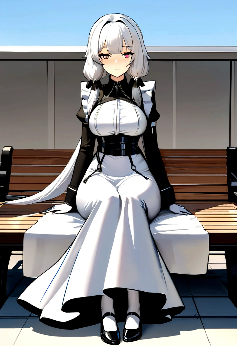 Anime style image of a woman in a dress sitting on a bench, 来自Girls Frontline, Fine details. Girls Frontline, Girls Frontline风格, Girls FrontlineCG, Blue Lane Style, From《Azur Lane》Electronic games, Girls Frontline, Hot topics on artstation pixiv, 《Azur Lane》Role in, Fleet Collection Style, Girls Frontline宇宙, anime maid ss military