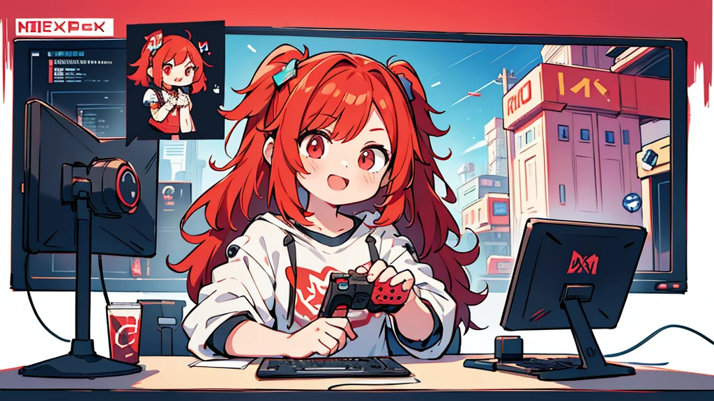 1girl, viewer behind the girl, face partially visible, viewer and girl looking at monitor, playing videogames, holding controller, happy, excited, tmasterpiece,best qualtiy,Ultra-high resolution, red color scheme, video game development, gamedev, game jam advertisement