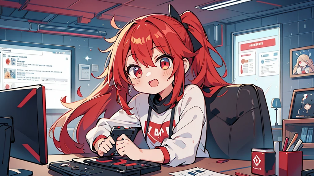 1girl, viewer behind the girl, face partially visible, viewer and girl looking at monitor, playing videogames, holding controller, happy, excited, tmasterpiece,best qualtiy,Ultra-high resolution, red color scheme, video game development, gamedev, game jam advertisement