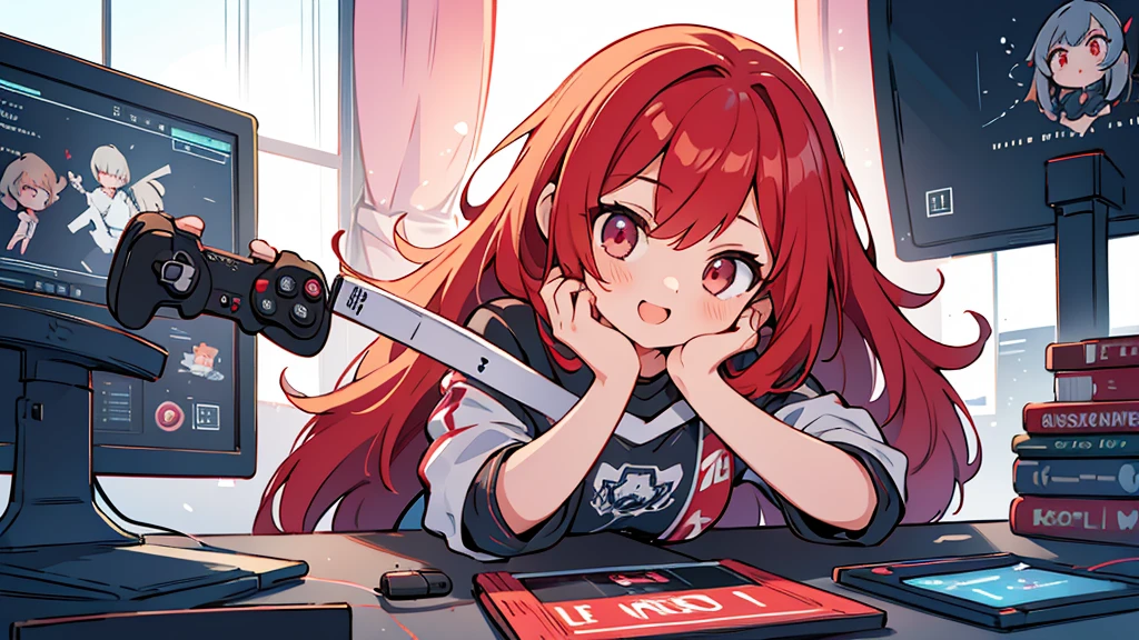1girl, viewer behind the girl, face partially visible, viewer and girl looking at monitor, playing videogames, holding controller, happy, excited, tmasterpiece,best qualtiy,Ultra-high resolution, red color scheme, video game development, gamedev, game jam advertisement