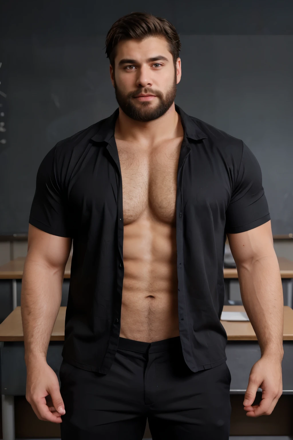 hairy(stocky) hot hunk, teacher, formal wears, open shirt, classroom, blackboard, teaching, beard, super hairy body, hairy chest, social pants, dark colors background