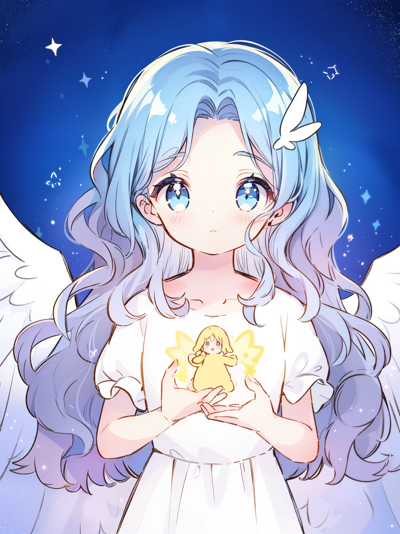 angel girl wearing an ethereal white dress made of feathers, pale skin, ((blue gradient wavy hair)), white feathers, angel wings, sparkling detailed eyes, golden ratio face, perfect composition, highly detailed, ethereal, (starry night sky background), midjourney style