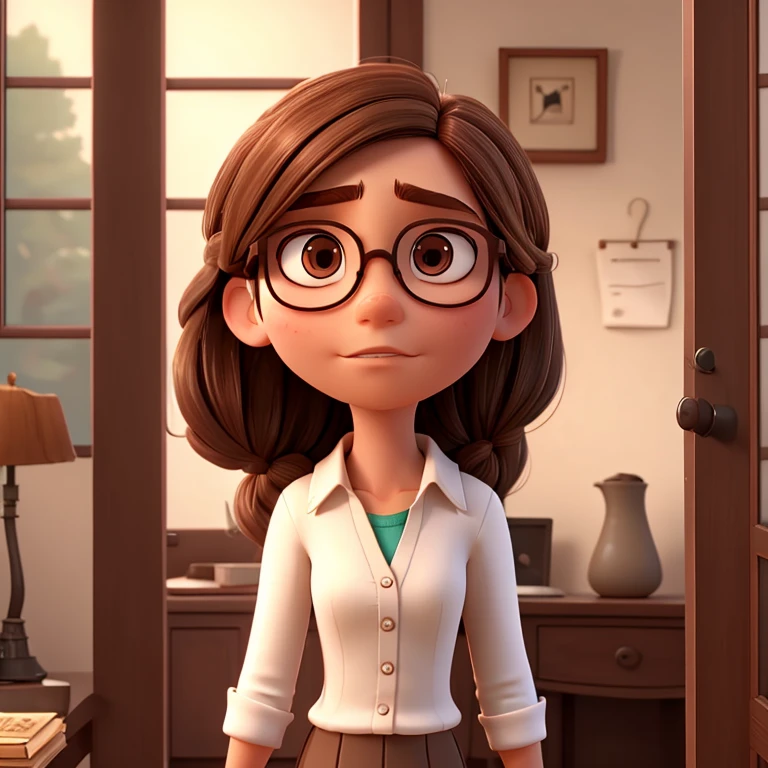 Inside out. Woman brown shoulder-length hair, glasses, white. Sad.