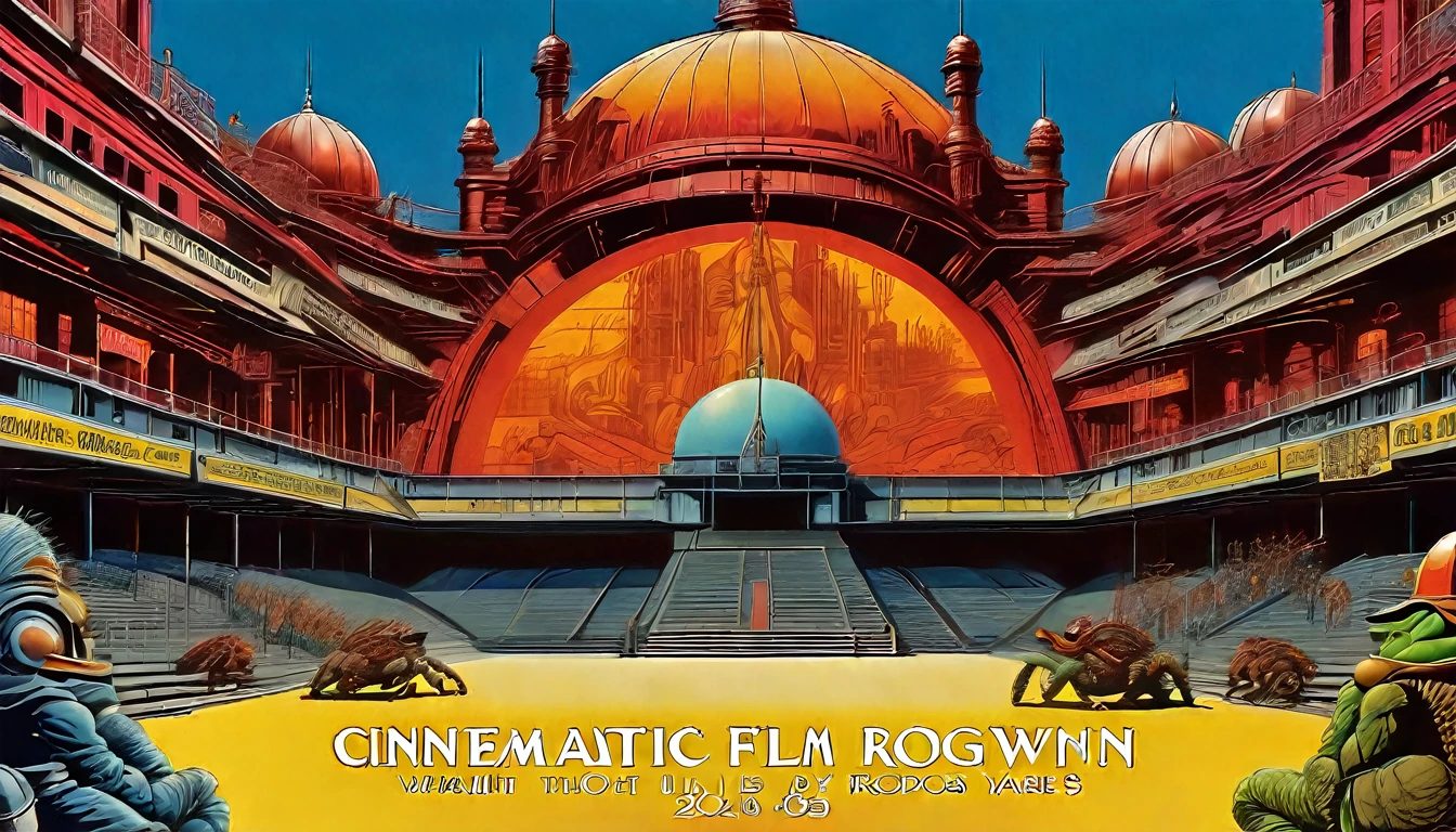 a movie poster for( Hell Comes to Frogtown), inspired by Clyde Caldwell, futuristic apocalypse, stalenhag, metal album cover, gwar, heavy metal band promo, wayne barlowe pierre pellegrini, retro sci fi, by Moebius, movie poster promo, ultra detailed, complex, sharp focus, object texture, studio photo, intricate details, highly detailed, Real Photo style, hyper-realistic, high dynamic range, rich colors, realistic textures, 8K uhd, high color depth, Nikon D 850, Kodak 400 port, fujifilm XT, (cinematic film:3.1)