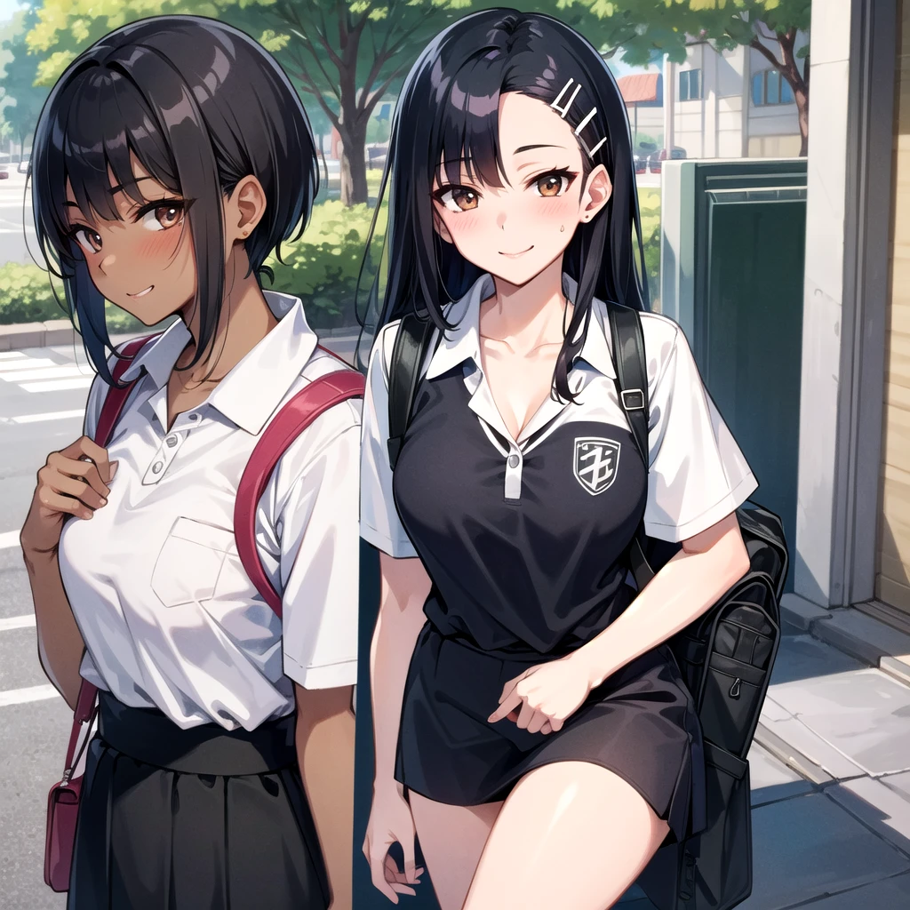 ((best quality)), ((masterpiece)), (details), one girl, y ((best quality)), ((masterpiece)), (details), one girl, sex(best quality)), ((masterpiece)), (details), one girl, full body, sexy ensive body, expensive, long legs, mature woature, adult, atoro_main, Hayase Nagatoro, one girl, blushing, alone, uniform polo shirt, short sleeves, black hair, bag, brown eyes, hair accessory, looking at viewer, hair clip, outdoors, backpack, smiling, long hair, dark skinned woman, dark skin, , bangs, daytime, skirt, collared shirt, collarbone, ear clip, mouth closed, tree, asymmetrical bangs, upper body