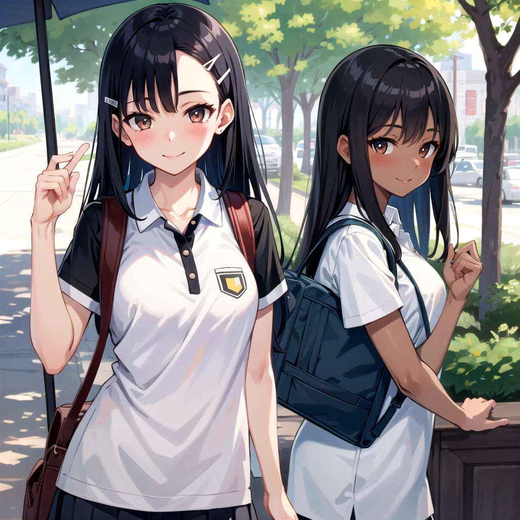 ((best quality)), ((masterpiece)), (details), one girl, sexy ((best quality)), ((masterpiece)), (details), one girl, sexy ((best quality)), ((masterpiece)), (details), one girl, full body, sexy expensive body, expensive, long legs, mature woman, mature, adult, it_nagatoro_main, Hayase Nagatoro, one girl, blushing, alone, uniform polo shirt, short sleeves, black hair, bag, brown eyes, hair accessory, looking at viewer, hair clip, outdoors, backpack, smiling, long hair, dark skinned woman, dark skin, , bangs, daytime, skirt, collared shirt, collarbone, ear clip, mouth closed, tree, asymmetrical bangs, upper body