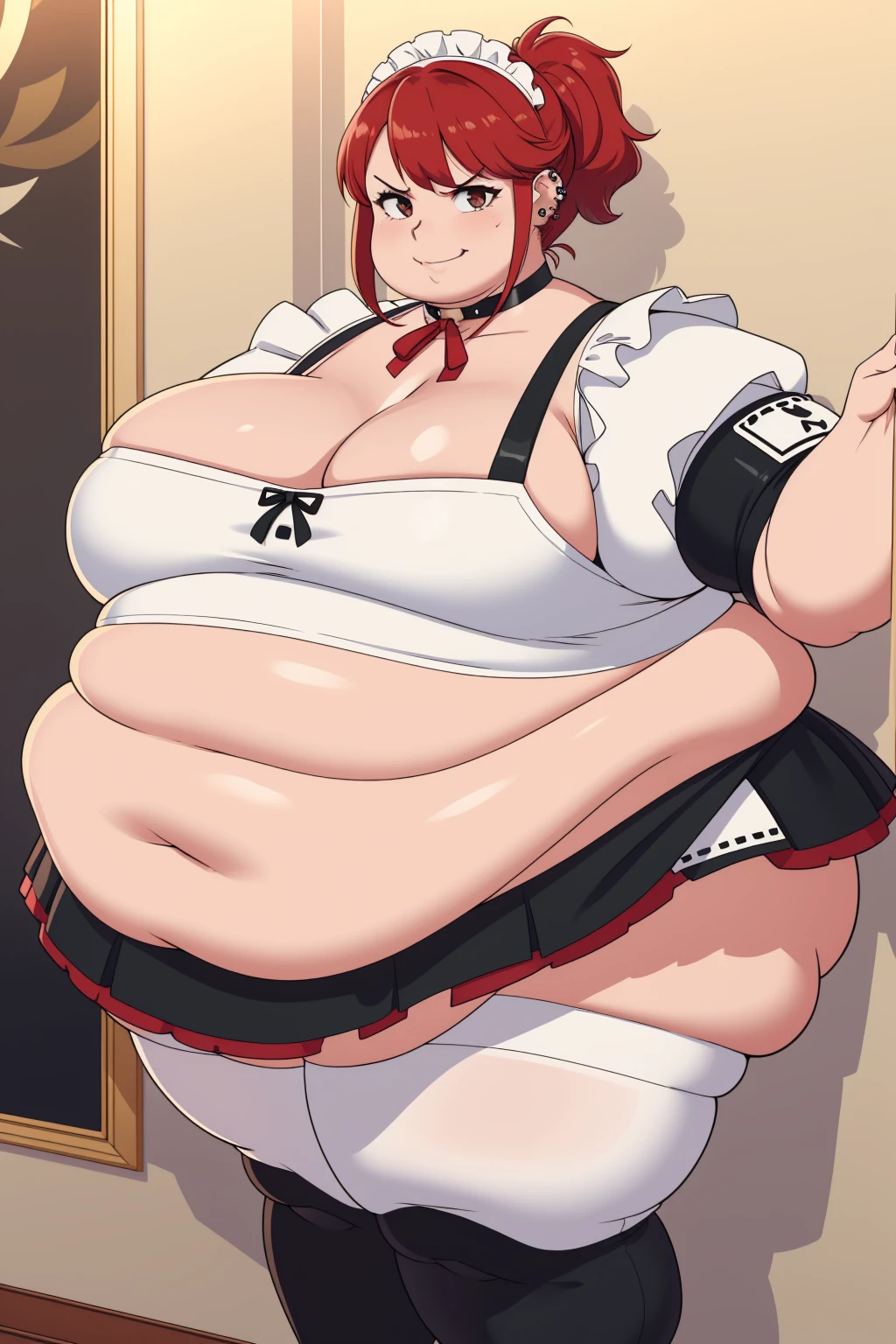 (Morbidly obese:1,1)1girl, solo(masterpiece, best quality:1.4), illustration, 8k, hd, 1girl, solo, short_messy_hair, red_hair, dress, white_thighhighs, no underwear, short_sleeves, frills, apron, brown_eyes, cleavage, metal_collar, anchor_choker, maid, white maid, ((big breast, angry, delinquent, bully, piercing, smirk)), (restaurant, maid cafe) Round face, double chin, fat chin, fat cheeks, fat neck, round face, SSBBW, flabby arms, round face, double chin, fat double chin, big double chin, fat neck, chubby cheeks, fat thighs, fat calves, morbidly obese, flabby , giant , large belly, obese, fat face, belly, double chin, obesity, flabby breasts, fat arms and legs, fat everything,