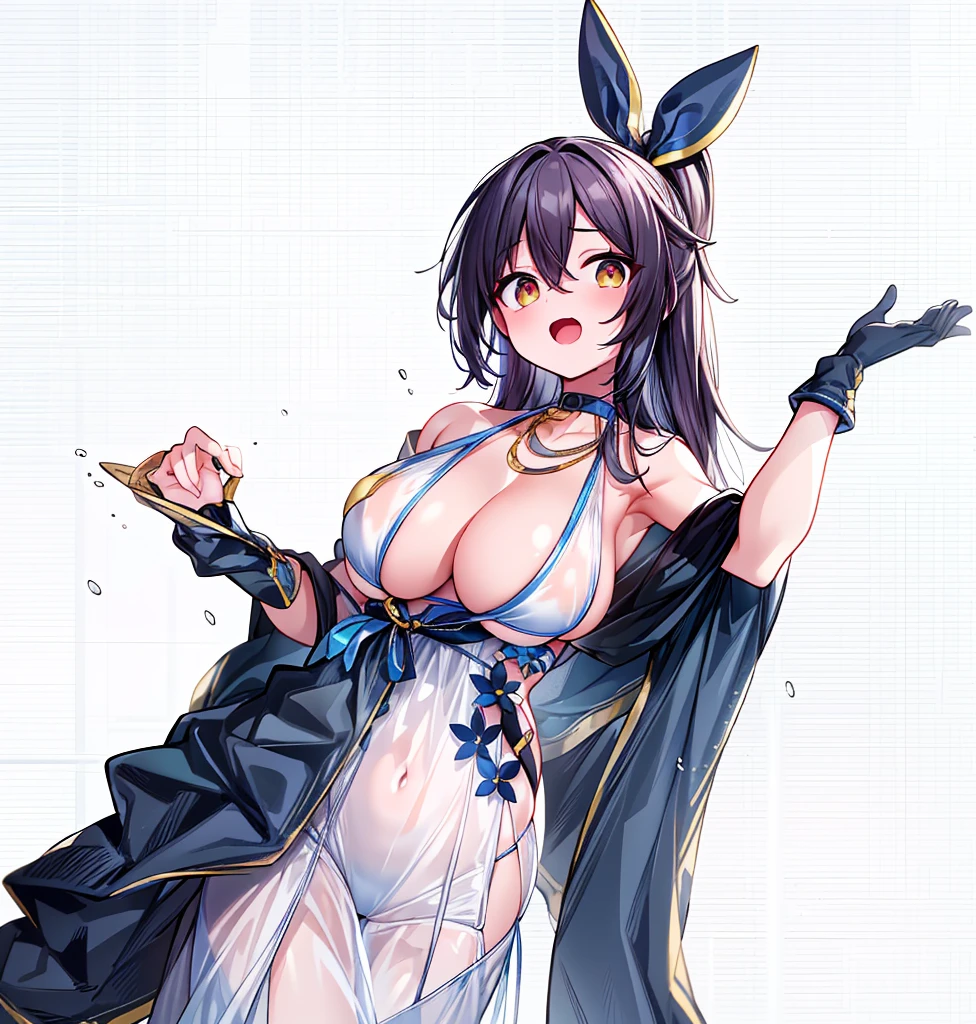 Generate the same character as the image, (same colors), Full HD, 4K, no blur, High definition, (((character wearing bikini/swimsuit wear))), show legs, show arms, perfects eyes, no blemishes, no blur, show feet, show your arms, へそ, Flowers in the hair, keep the character's colors, best qualityer, raytracing, face detailed, 8 k wallpaper, (high resolution), picture cover a beach, coconut palms, open sea,