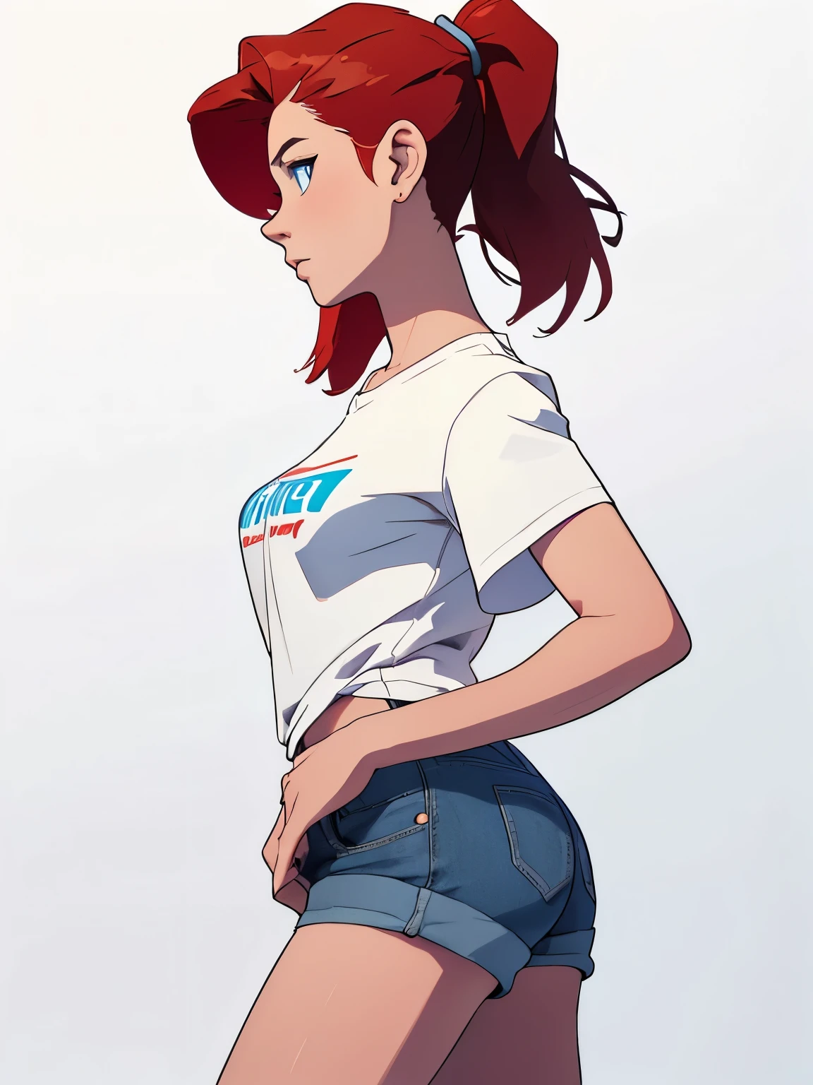 masterpiece, best quality, side view, full body,1girl, the highest image quality, 21-year-old woman, looks like Olivia Dunne, bright red hair, blue eyes, wearing a white graphic tee and denim shorts, large breasts, White background, empty background, standing normally