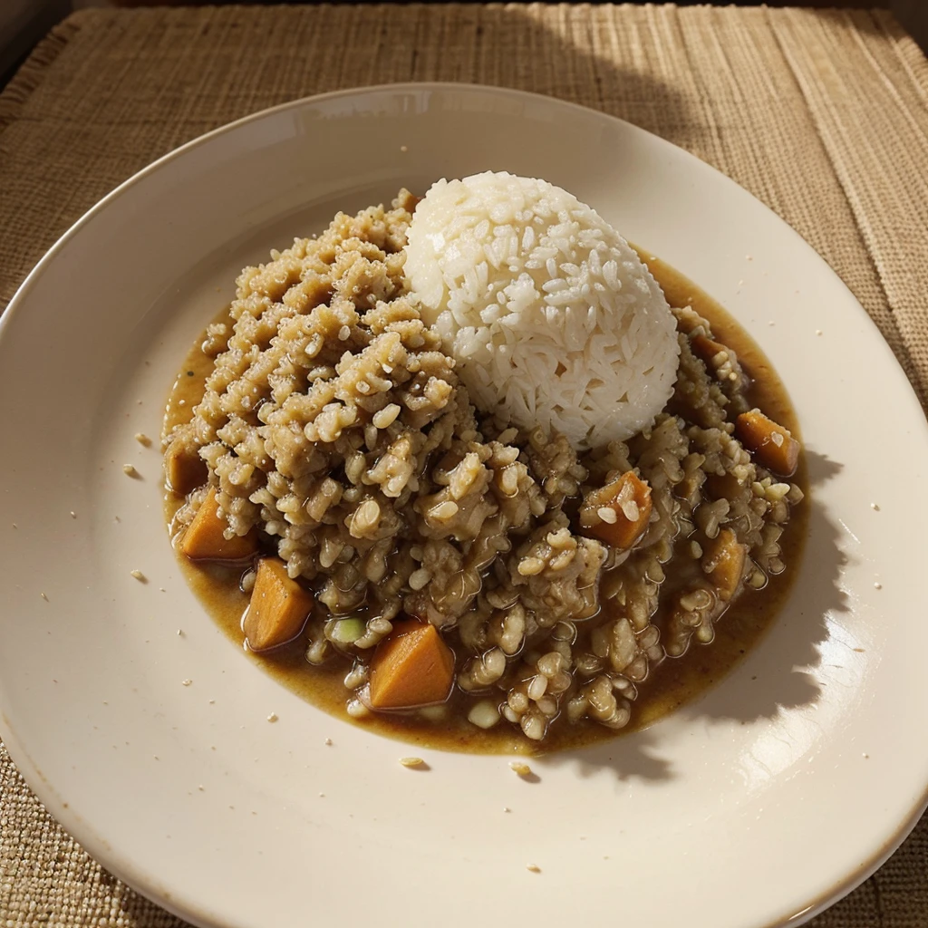 A plate with rice and quinoa stew and with its parboiled cassava on top but not cut whole and that is not mixed with the cassava and the food is not too close together and that it is quinoa not wheat and that it is realistic The picture