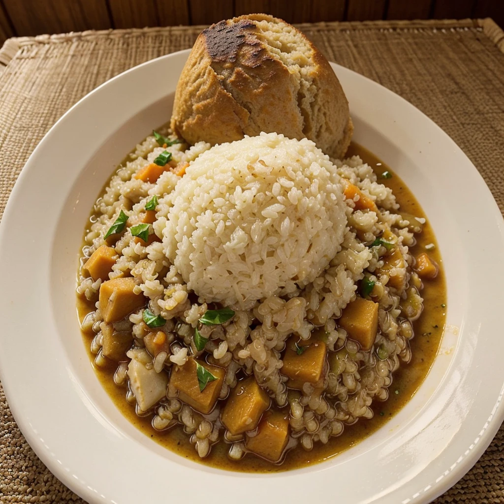 A plate with rice and quinoa stew and with its parboiled cassava on top but not cut whole and that is not mixed with the cassava and the food is not too close together and that it is quinoa not wheat and that it is realistic The picture