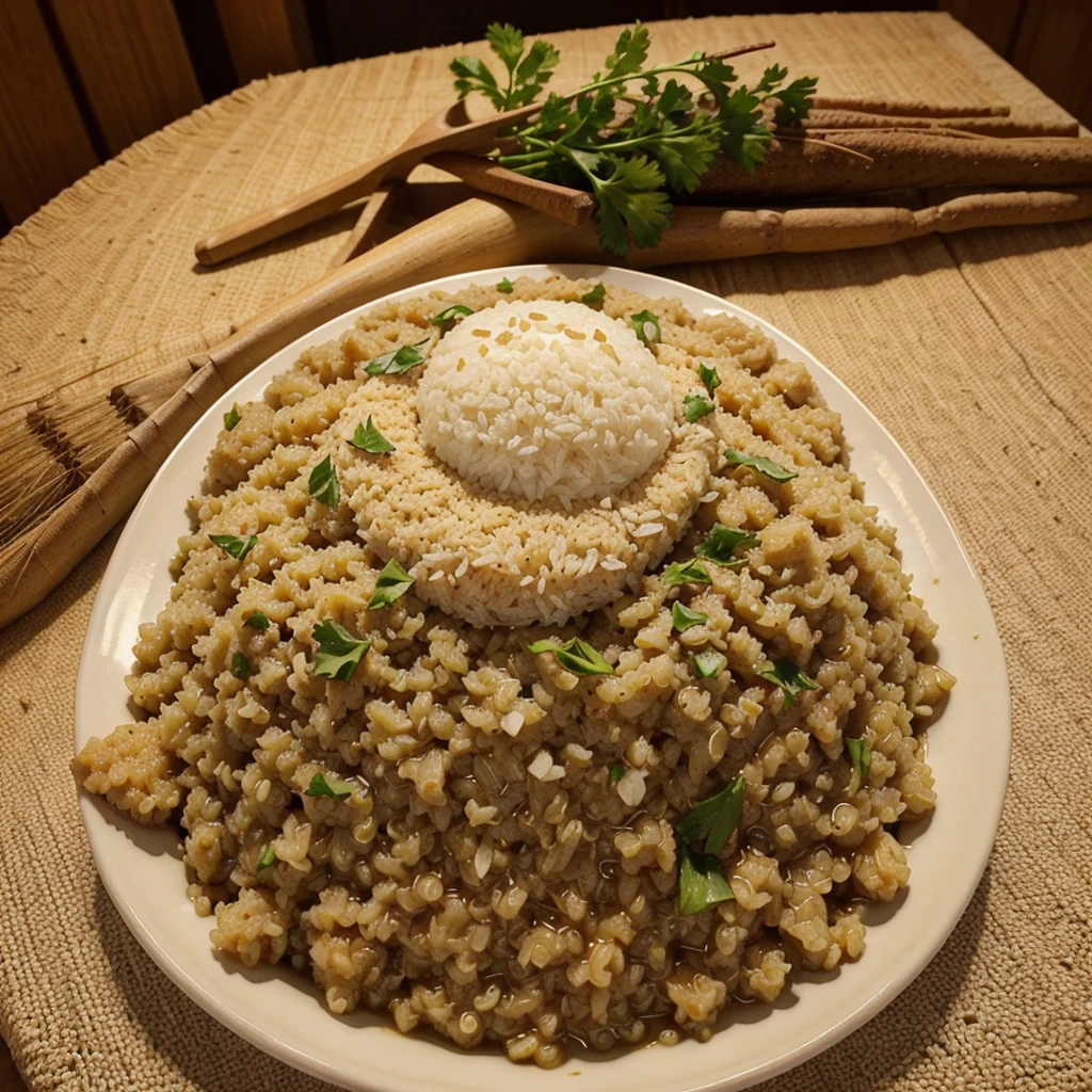 A plate with rice and quinoa stew and with its parboiled cassava on top but not cut whole and that is not mixed with the cassava and the food is not too close together and that it is quinoa not wheat and that it is realistic The picture