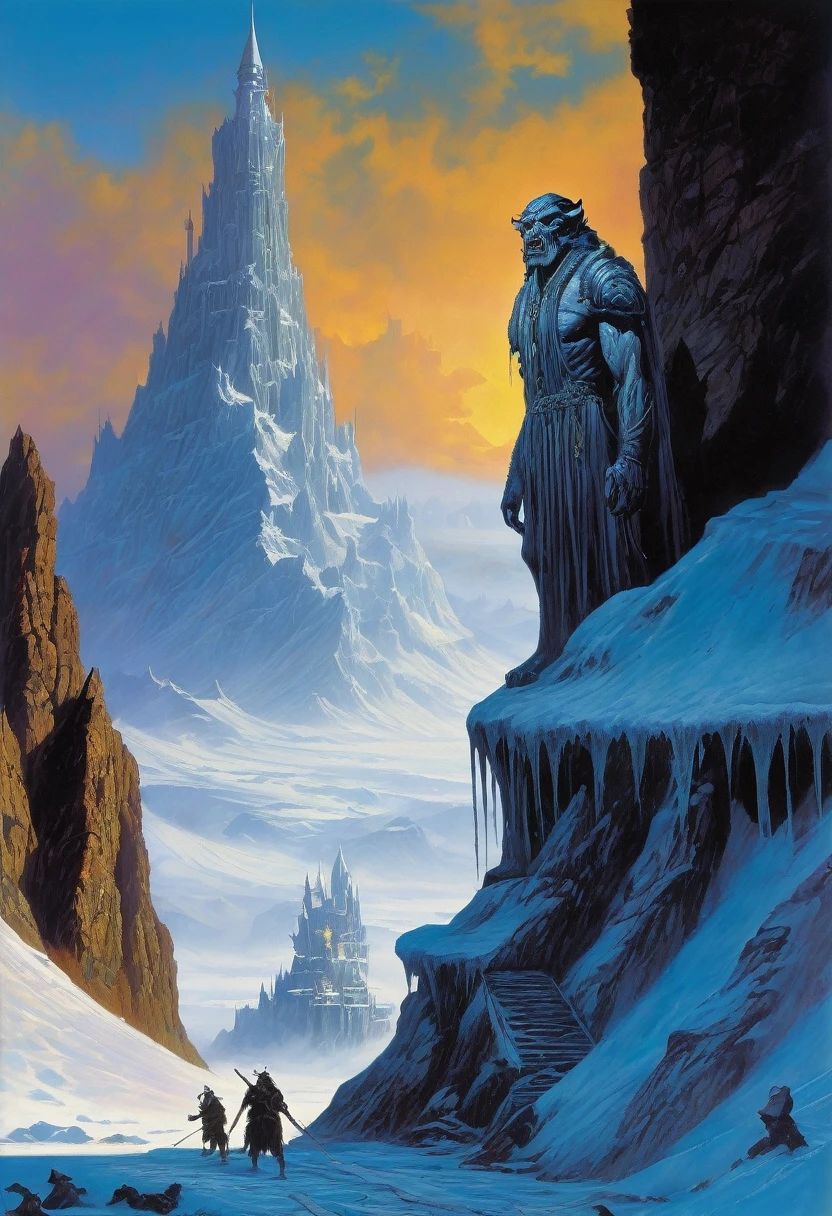 fantasy litography, Clyde Caldwell, a somber citadel sits on top of a glacier, (((the undead god Jergal's face can be seen in the background))), Dungeons & Dragons