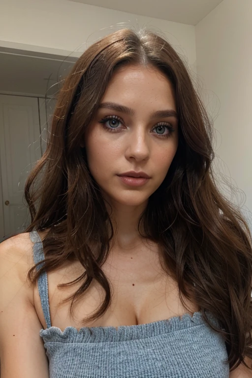 29 year old woman, long brown slightly curly hair, blue eye, visage parfait, makeup as a model,  C et portant un haut rouge