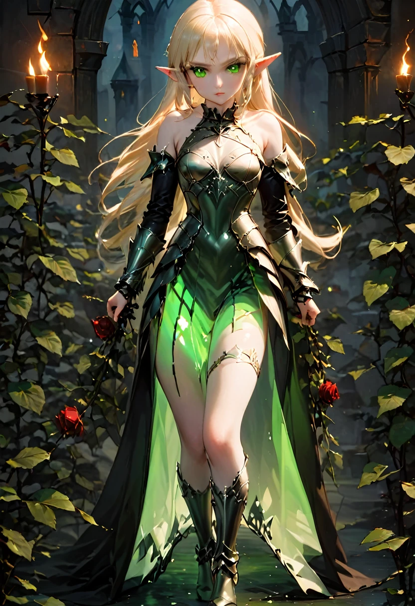 Dark fantasy art, fantasy art, goth art,  a picture of the elf Princess Zelda as vampire, exquisite beauty, full body shot, dark glamour shot, pale white skin, blond hair, long hair, wavy hair, (glowing green: 1.3) eyes, she  wears a (green: 1.3) intricate armor, thigh high heels, , ArmoredDress, the roses are imprinted on the dress (black: 1.4)  black roses betmd, high heells, dark castle porchm, dark, black and colorm, Dark Art Painting Style