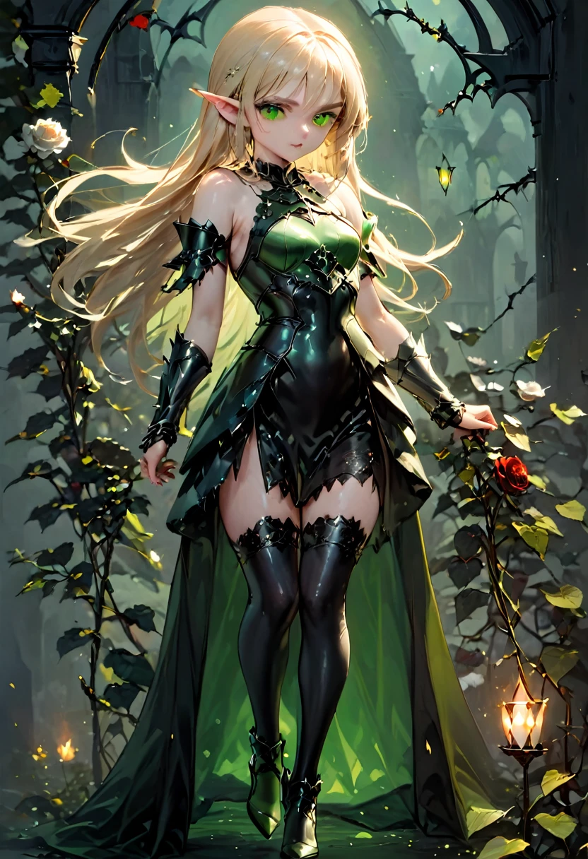 Dark fantasy art, fantasy art, goth art,  a picture of the elf Princess Zelda as vampire, exquisite beauty, full body shot, dark glamour shot, pale white skin, blond hair, long hair, wavy hair, (glowing green: 1.3) eyes, she  wears a (green: 1.3) intricate armor, thigh high heels, , ArmoredDress, the roses are imprinted on the dress (black: 1.4)  black roses betmd, high heells, dark castle porchm, dark, black and colorm, Dark Art Painting Style