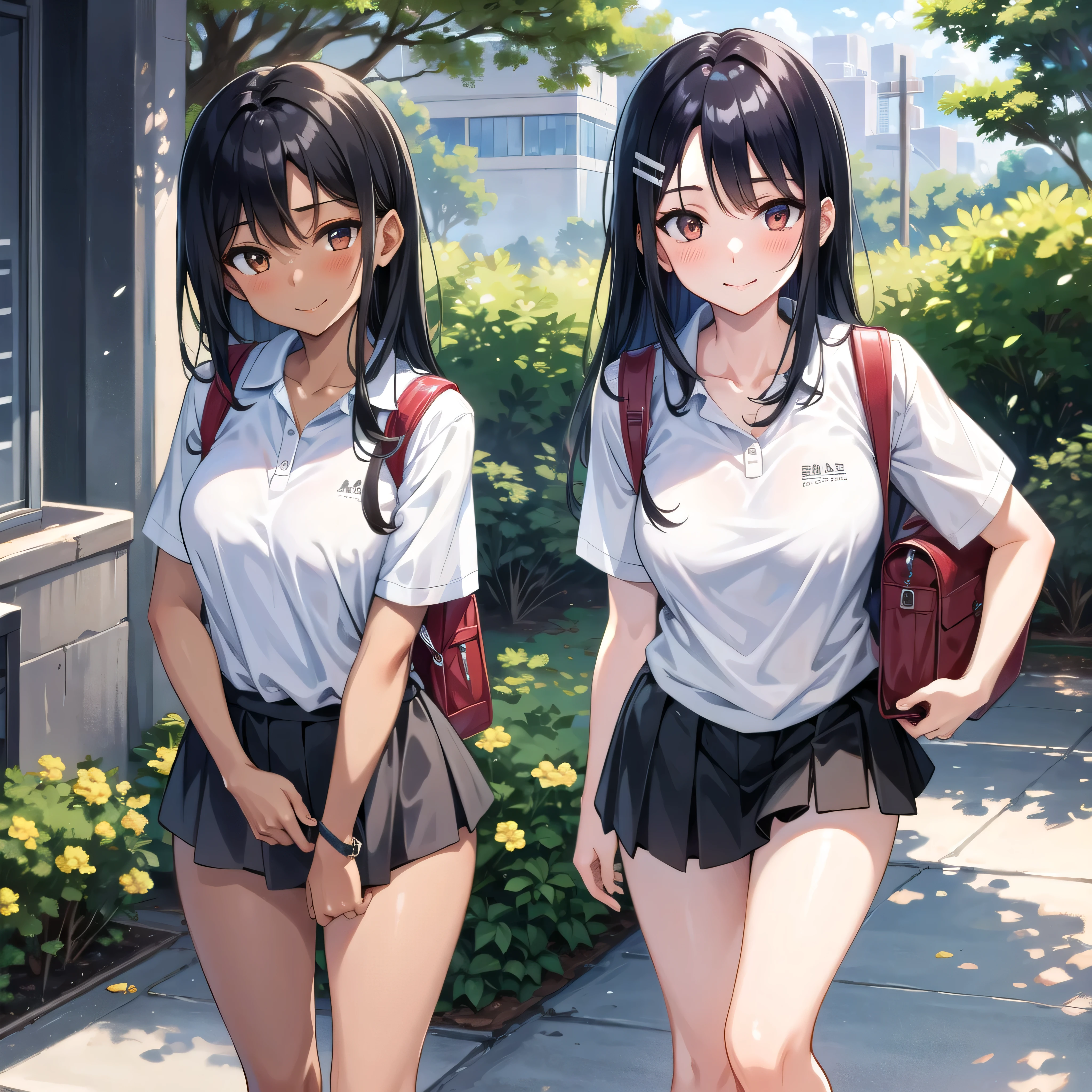 ((best quality)), ((masterpiece)), (details), one girl, sexy ((best quality)), ((masterpiece)), (details), one girl, sexy ((best quality)), ((masterpiece)), (details), one girl, full body, sexy expensive body, expensive, long legs, mature woman, mature, adult, it_nagatoro_main, Hayase Nagatoro, one girl, blushing, alone, uniform polo shirt, short sleeves, black hair, bag, brown eyes, hair accessory, looking at viewer, hair clip, outdoors, backpack, smiling, long hair, dark skinned woman, dark skin, , bangs, daytime, skirt, collared shirt, collarbone, ear clip, mouth closed, tree, asymmetrical bangs, upper body