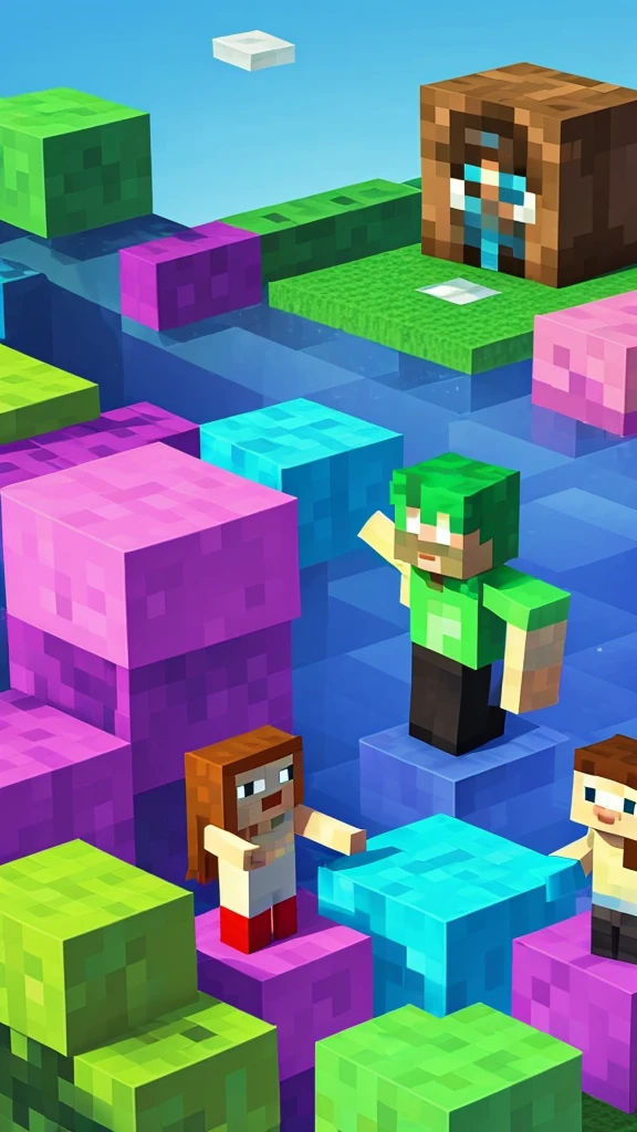 Background with two characters , a mermaid and steve, Minecraft creeper , where an environment comes to light according to those 3 characters , with happy colors , striking and pasteurized tridi, of very good quality and that is for children&#39;s taste