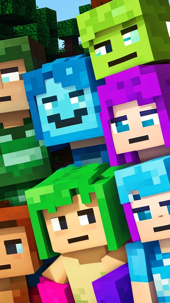 Background with two characters , a mermaid and steve, Minecraft creeper , where an environment comes to light according to those 3 characters , with happy colors , striking and pasteurized tridi, of very good quality and that is for children&#39;s taste