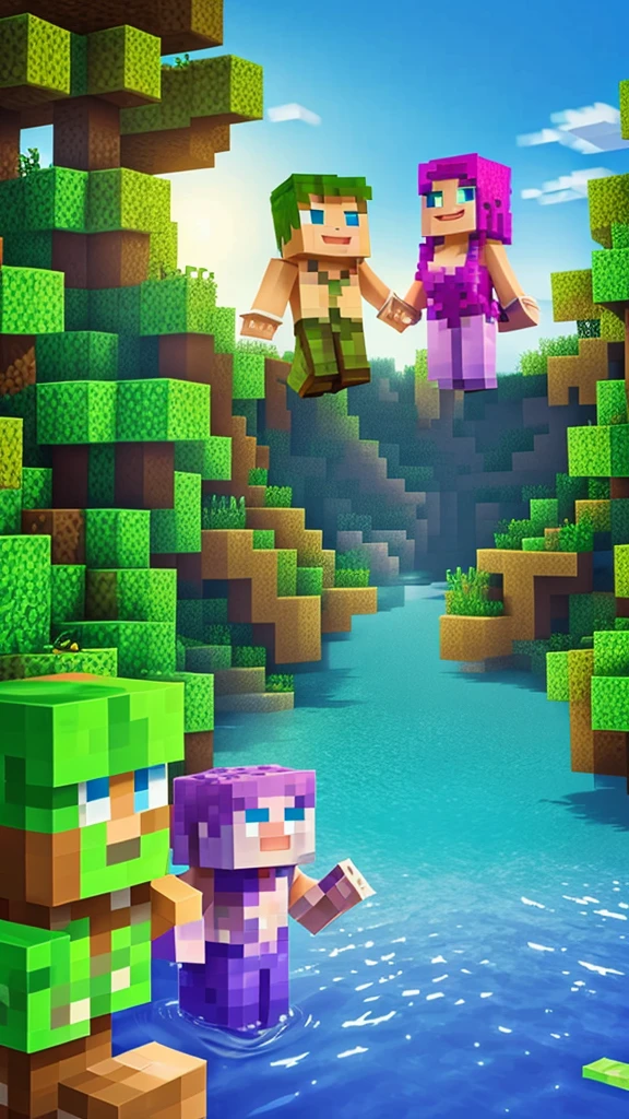 Background with two characters , a mermaid and steve, Minecraft creeper , where an environment comes to light according to those 3 characters , with happy colors , striking and pasteurized tridi, of very good quality and that is for children's taste