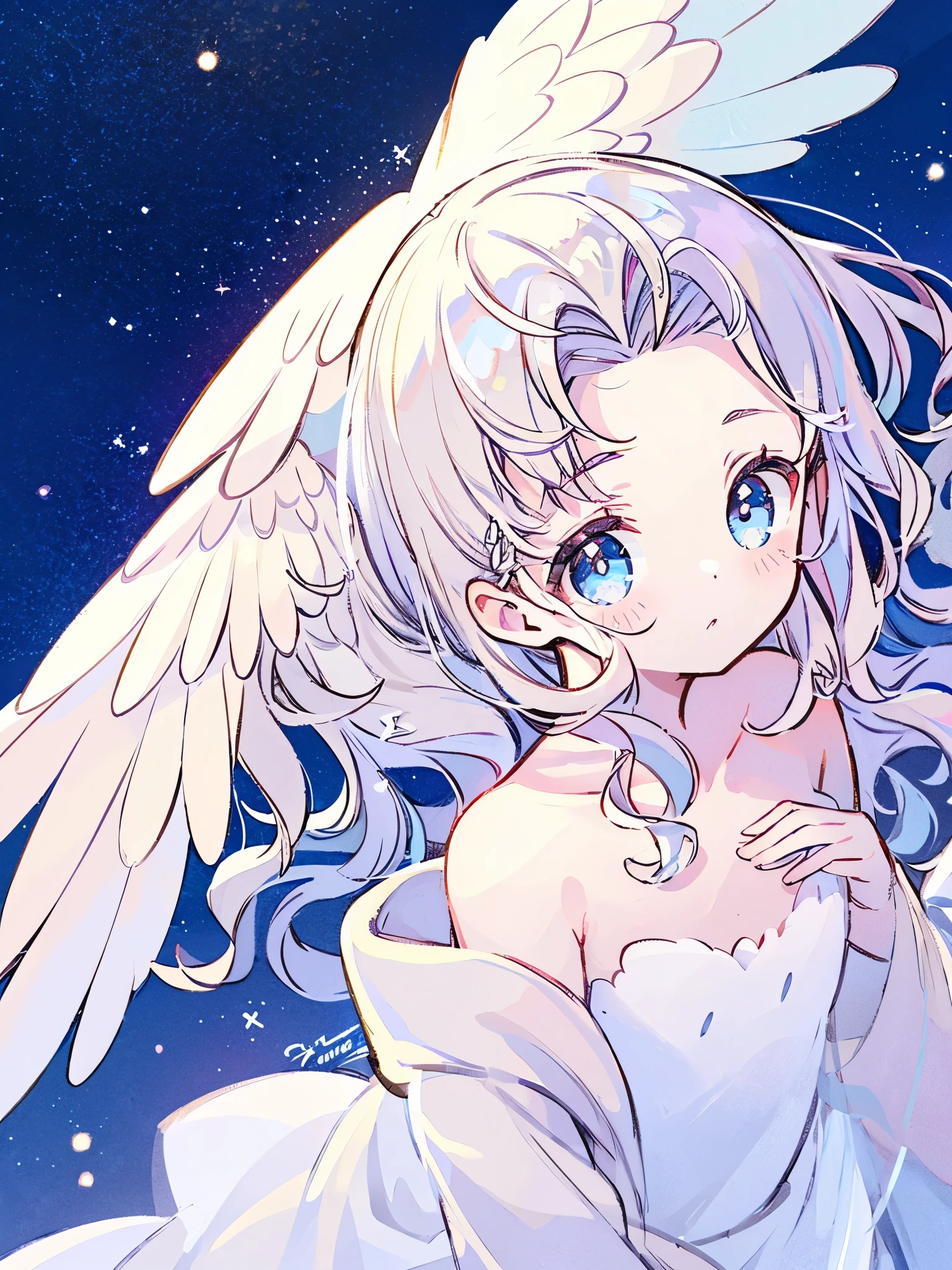 nude angel girl wearing an ethereal translucent dress, pale skin, ((blue mint wavy hair)), white feathers, angel wings, sparkling detailed eyes, golden ratio face, perfect composition, highly detailed, ethereal, (starry night sky background), midjourney style