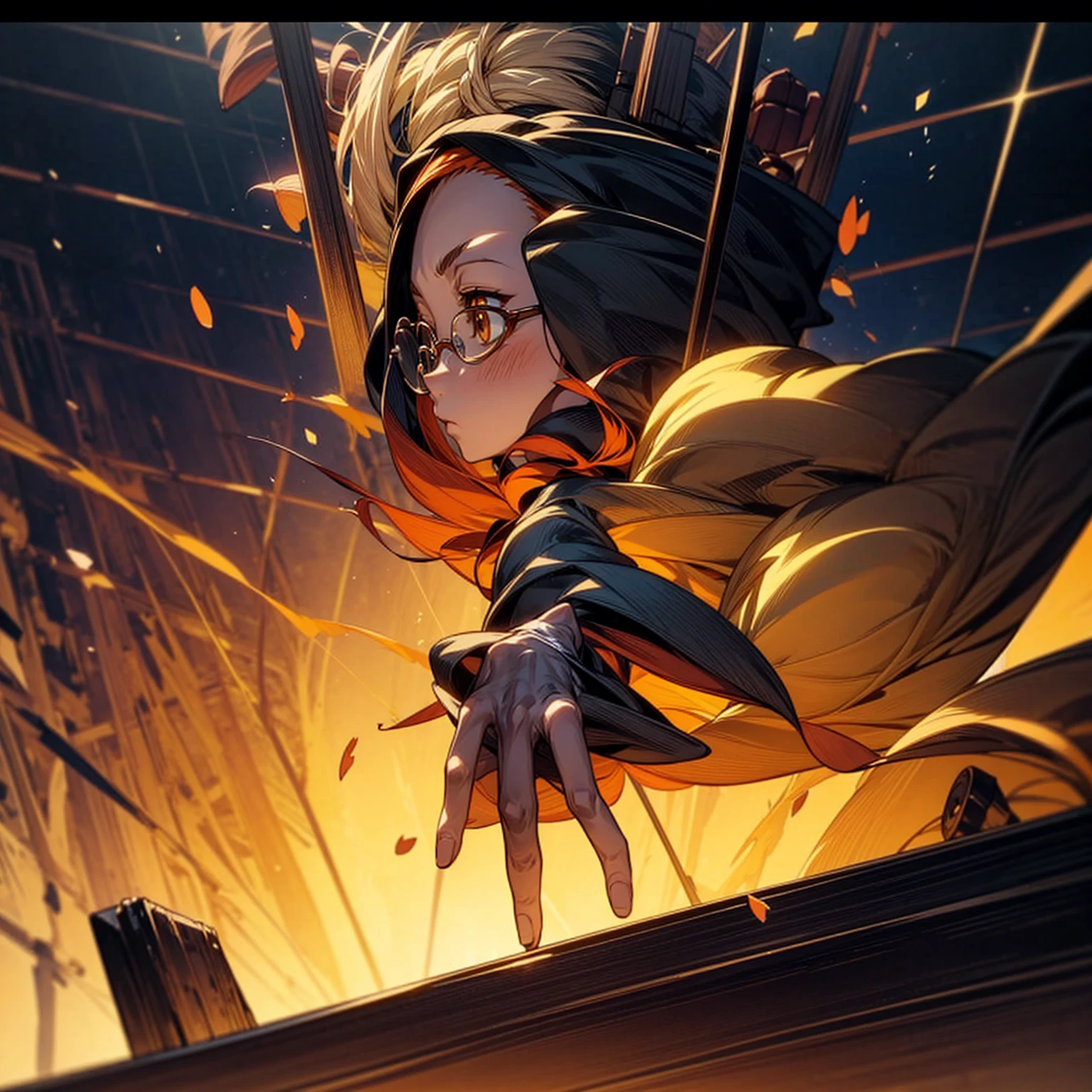 1girl, Full body version, 1character, girl version, almond eyes, long haircut, orange colour hair, sad eyes, glasses, king pirates hat, medieval style clothing, box largest in hand, Box is treasure, gold box, lighting box, aura effect in box, background in inside a pirate ship, motion blur, high angle view, (Hunter x Hunter style art)