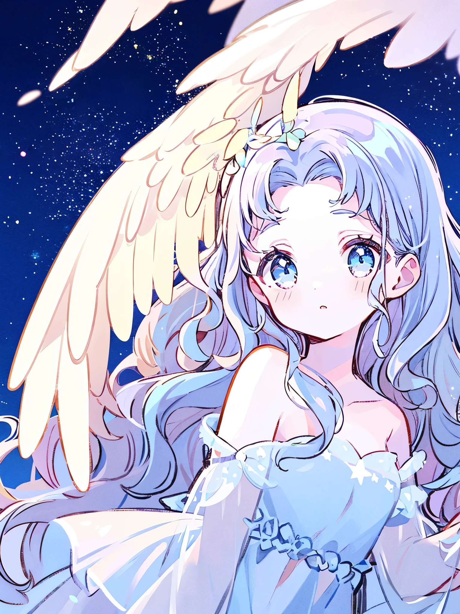 nude angel girl wearing an ethereal translucent dress, pale skin, ((blue mint wavy hair)), white feathers, angel wings, sparkling detailed eyes, golden ratio face, perfect composition, highly detailed, ethereal, (starry night sky background), midjourney style