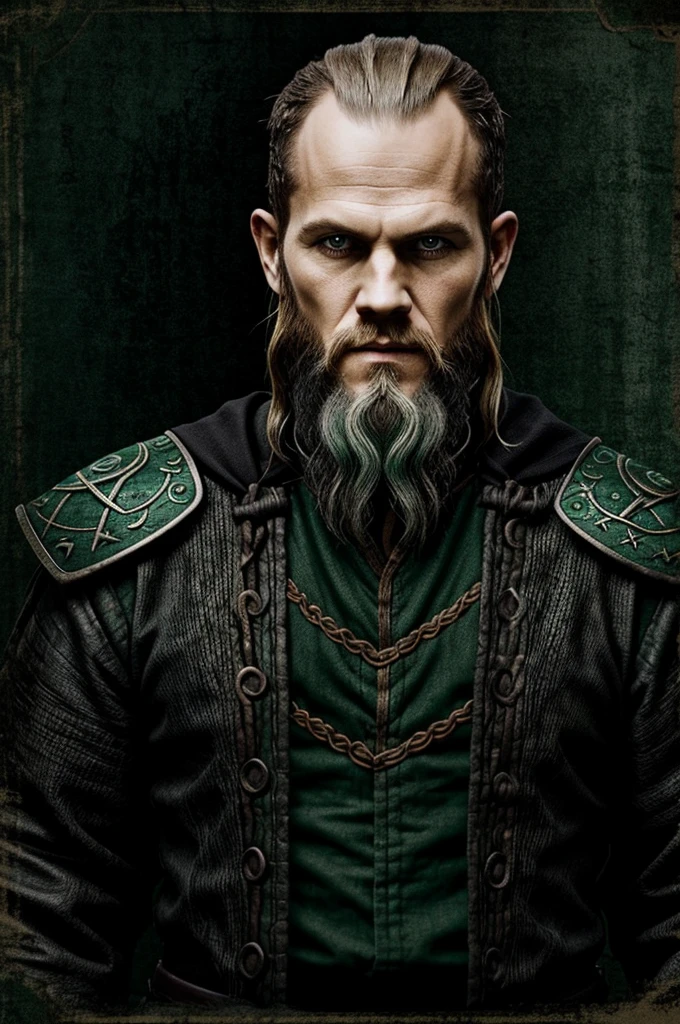 Create a patch with reference to floki the viking, mystical that the main colors are black and dark green