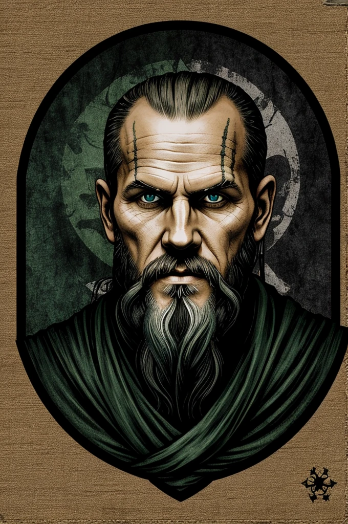 Create a patch with reference to floki the viking, mystical that the main colors are black and dark green