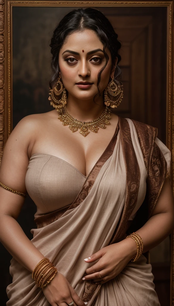 Looks like Sandeepa Dhar, a photo portrait of a beautiful girl 40 years old Woman, curvy hot mommy figure, fleshy figure, feminine curve, with curls, styled black hair, (face portrait:1.5), dramatic light, Rembrandt lighting scheme, bust shot, linen tank top , top quality editorial photograph, skin texture, skin pores, chocolate skin, high quality skin, top quality photography, professional photography, professional retouching, insane detailing, warm moody tones, modern clothes, highly detailed armpits, 