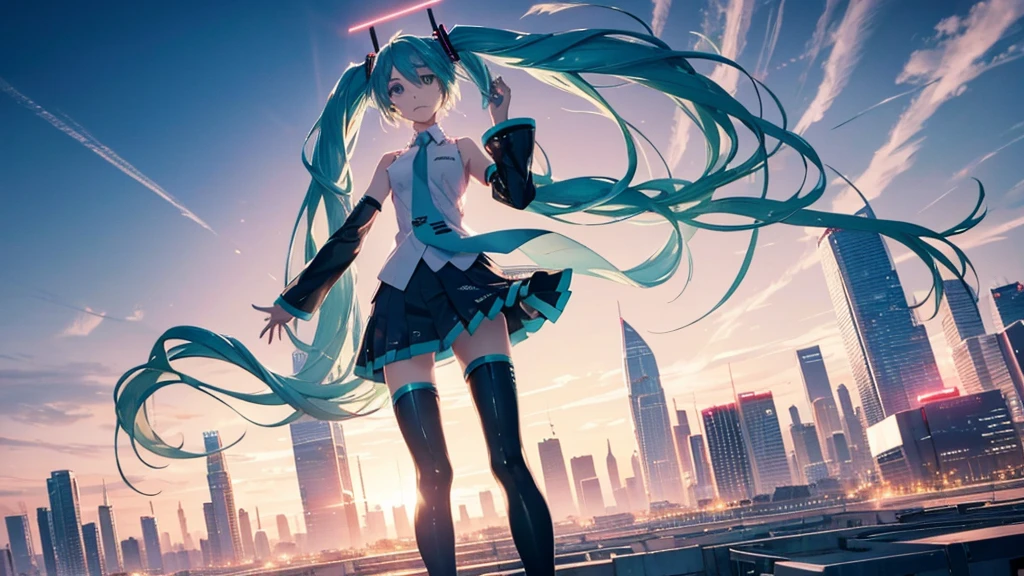 Hatsune Miku against a vast, futuristic city skyline、A spectacular scene showcasing colorful and energetic electronic dance music。