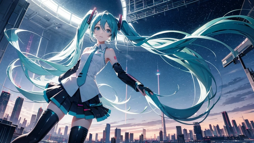 Hatsune Miku against a vast, futuristic city skyline、A spectacular scene showcasing colorful and energetic electronic dance music。
