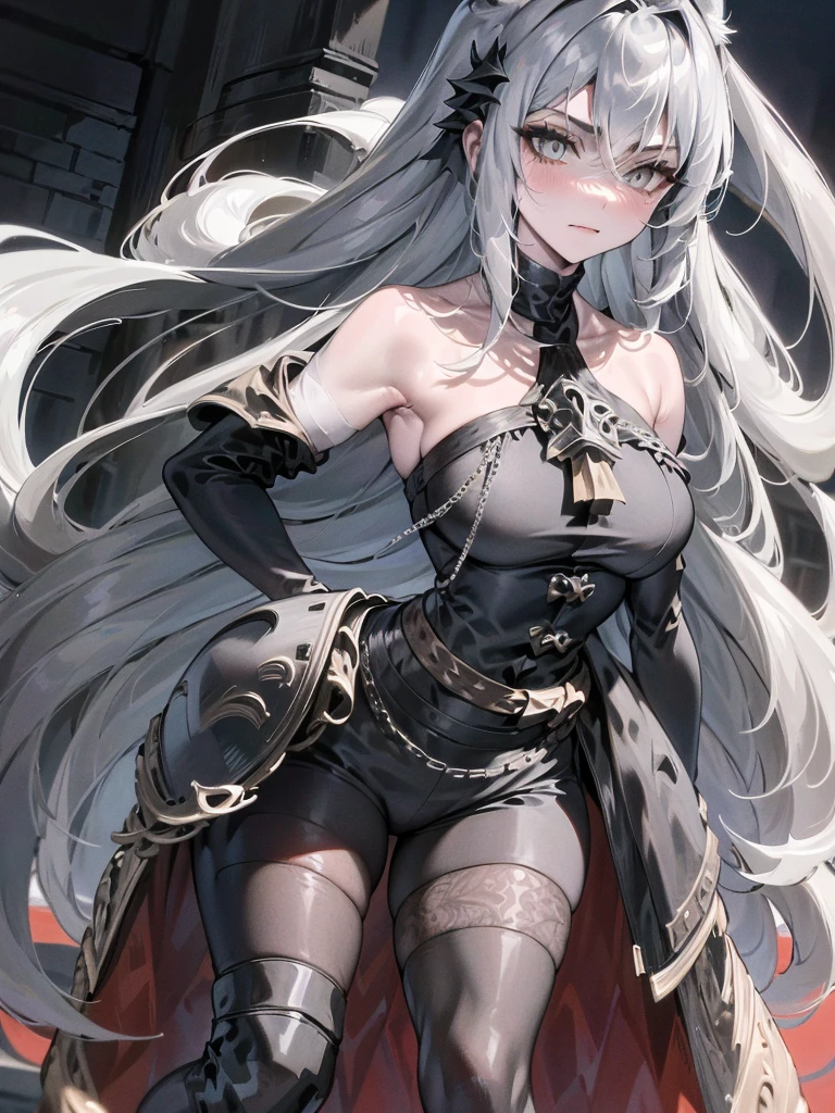 (masterpiece, best quality), intricate details, 1girl, 1girl in, 19, Solo, Long hair, Colossal, Looking at Viewer, whitish silver hair (standing full body toe to head by wooden pole:1.2) iron collar, arms behind back, iron cuffs, shackles, bound, bondage outfit, harness, o-ring, bondage outfit blindfolded, happy red cheeks, chain leash collar choker neck bell shackles wristbands bracers bracelets, cleave gag, sad face, red cheeks, crying tears, painful (she was sold and betrayed by her own family) BSDM BALLGAG