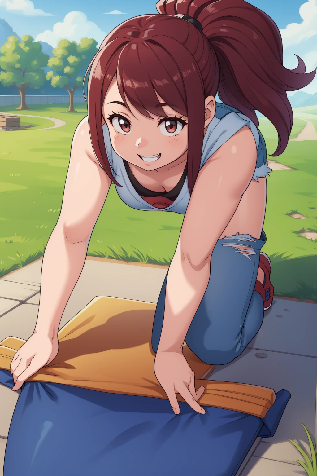 masutepiece, Best Quality, hight resolution, 1girl in, hilda \(A pokémon\),Solo, Shorts, poneyTail, Midriff, Navel, Short hair, denim, Denim shorts, Cowboy Shot, Outdoors, Small breasts, Externally expanded Chest, ((((On all fours)))), ((downbrouse))、Look at viewers、Show your teeth and smile