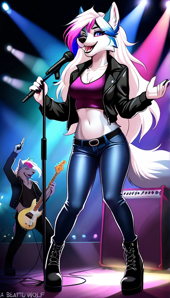 solo, a beautiful wolf, with long flowing white hair with blue and pink highlights, lead singer of a rock band, stylish outfit, wearing a jacket, pants and boots, singing, show, play of lights, happy expression, hourglass body, dynamic light