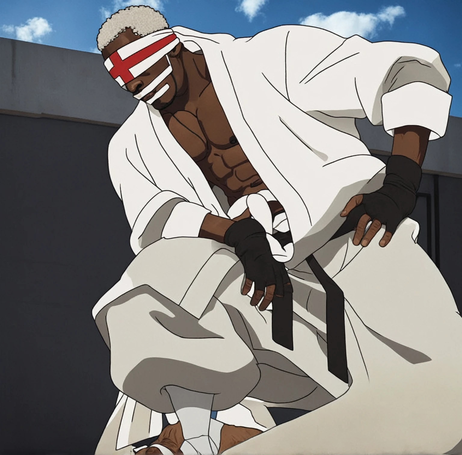 Sci-fi cinematic film scene slightly muscular brown skin man with a short Afro White hair wearing a white blindfold With a red cross on it on his eyes Wearing a white robe and a giant black wrestling belt with a white cross on it wearing a giant White sweatpants and a white leather boots, realistic photograph movie scene dark atmosphere,35mmm