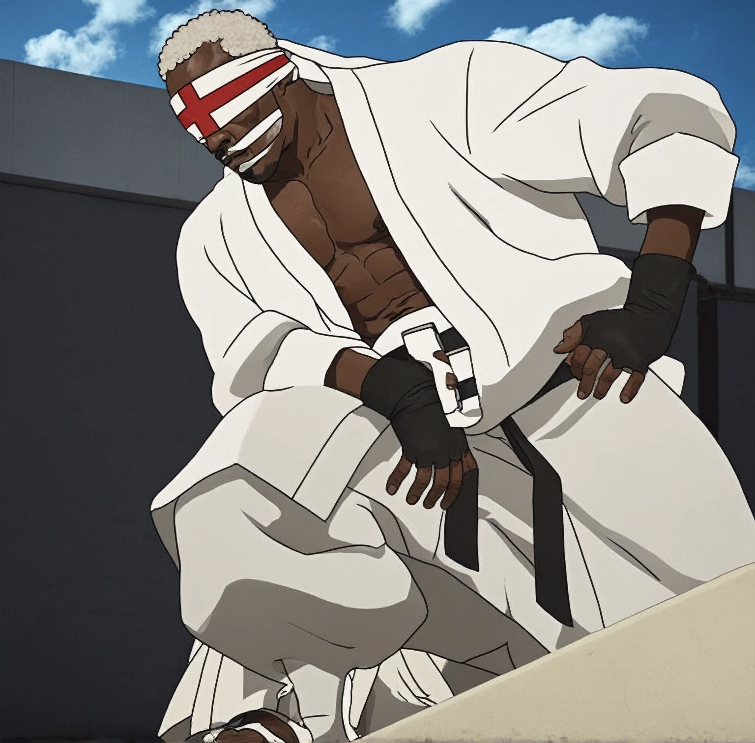 Sci-fi cinematic film scene slightly muscular brown skin man with a short Afro White hair wearing a white blindfold With a red cross on it on his eyes Wearing a white robe and a giant black wrestling belt with a white cross on it wearing a giant White sweatpants and a white leather boots, realistic photograph movie scene dark atmosphere,35mmm