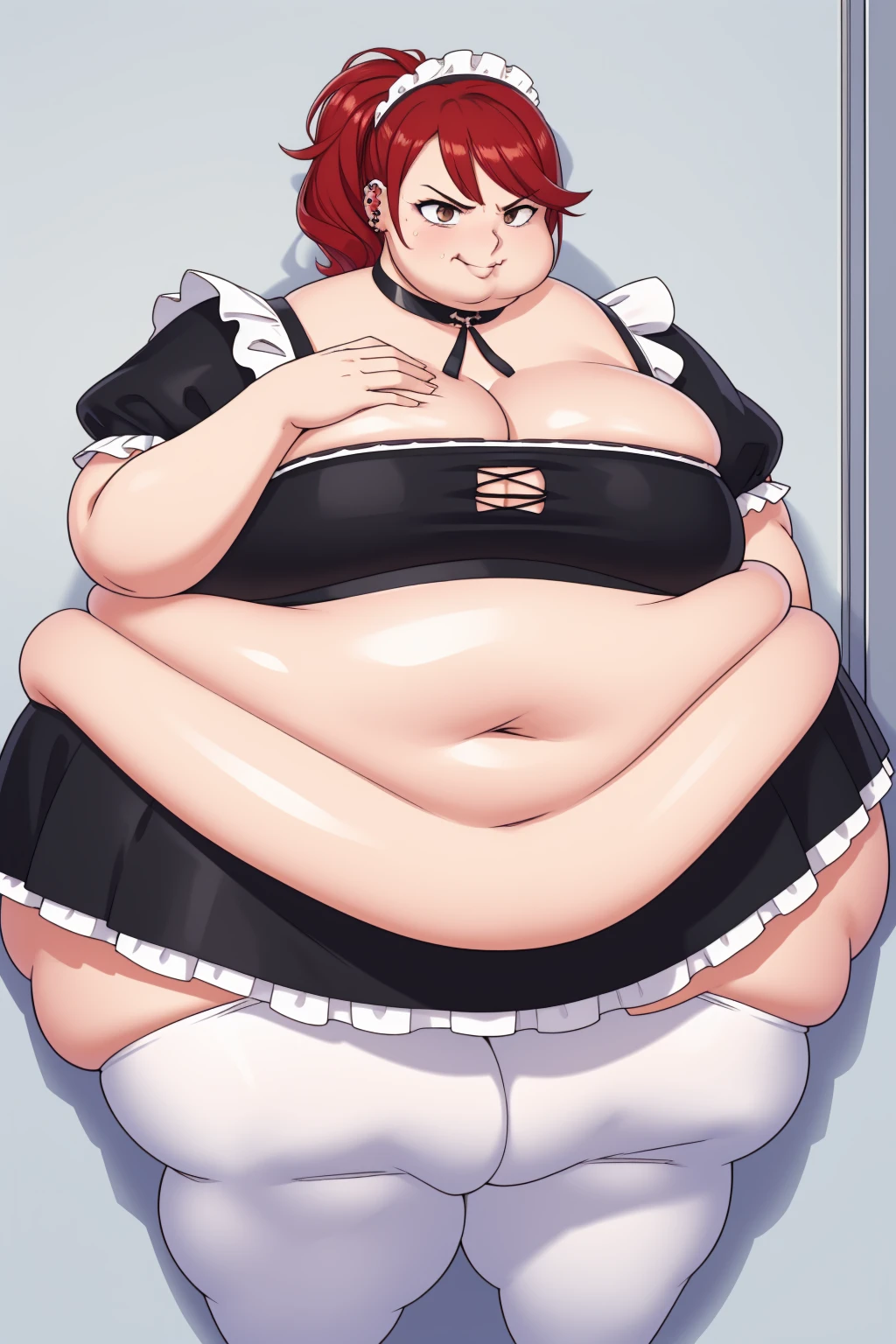 (Morbidly obese:1,1)1girl, solo(masterpiece, best quality:1.4), illustration, 8k, hd, 1girl, solo, short_messy_hair, red_hair, dress, white_thighhighs, no underwear, short_sleeves, frills, apron, brown_eyes, cleavage, metal_collar, anchor_choker, maid, white maid, ((big breast, angry, delinquent, bully, piercing, smirk)), (restaurant, maid cafe) Round face, double chin, fat chin, fat cheeks, fat neck, round face, SSBBW, flabby arms, round face, double chin, fat double chin, big double chin, fat neck, chubby cheeks, fat thighs, fat calves, morbidly obese, flabby , giant , large belly, obese, fat face, belly, double chin, obesity, flabby breasts, fat arms and legs, fat everything,