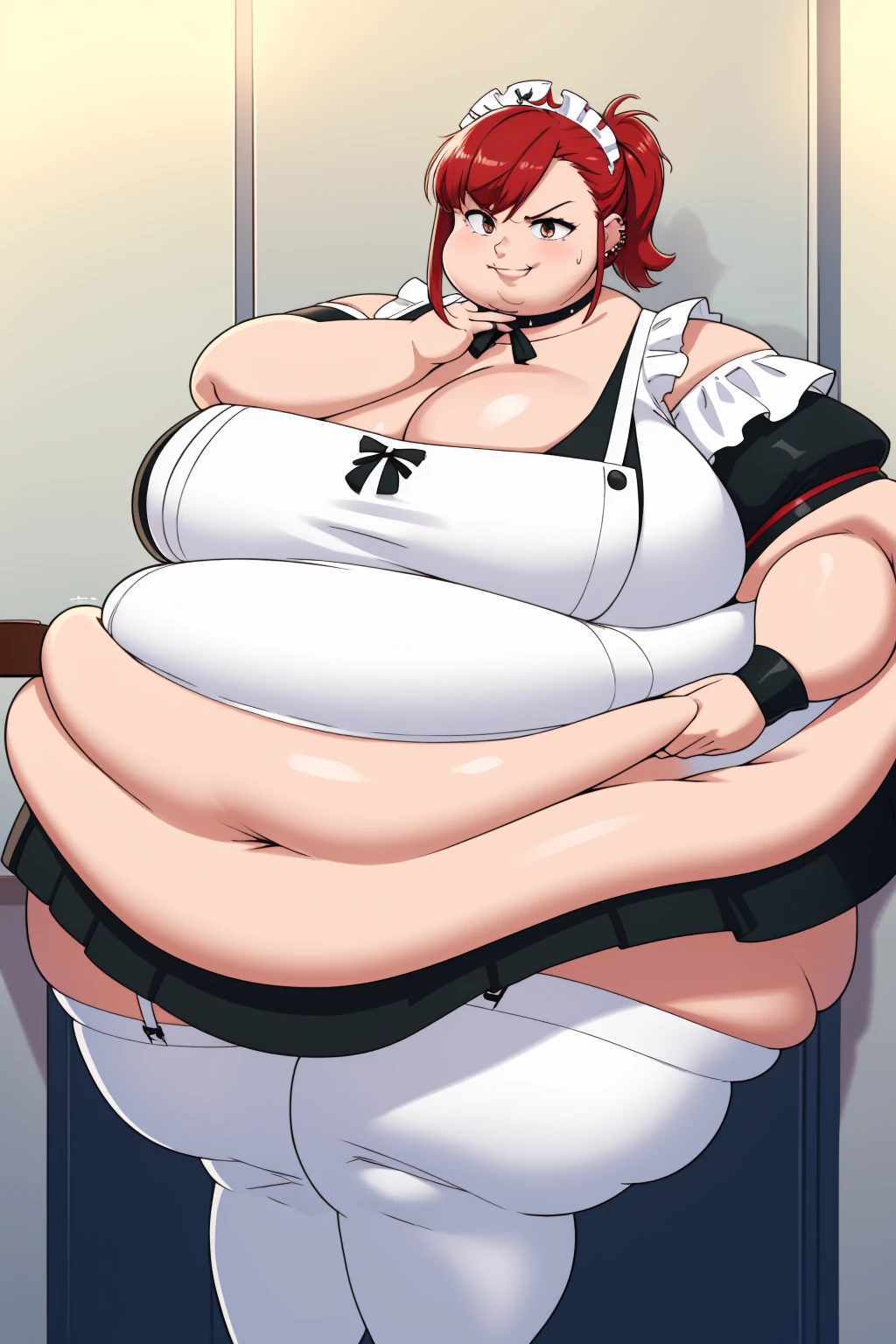 (Morbidly obese:1,1)1girl, solo(masterpiece, best quality:1.4), illustration, 8k, hd, 1girl, solo, short_messy_hair, red_hair, dress, white_thighhighs, no underwear, short_sleeves, frills, apron, brown_eyes, cleavage, metal_collar, anchor_choker, maid, white maid, ((big breast, angry, delinquent, bully, piercing, smirk)), (restaurant, maid cafe) Round face, double chin, fat chin, fat cheeks, fat neck, round face, SSBBW, flabby arms, round face, double chin, fat double chin, big double chin, fat neck, chubby cheeks, fat thighs, fat calves, morbidly obese, flabby , giant , large belly, obese, fat face, belly, double chin, obesity, flabby breasts, fat arms and legs, fat everything,