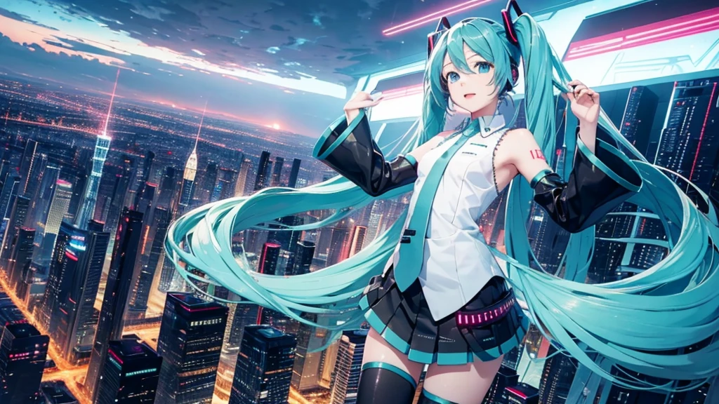 Hatsune Miku against a vast, futuristic city skyline、A spectacular scene showcasing colorful and energetic electronic dance music。