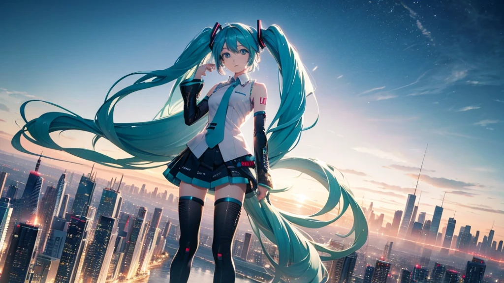 Hatsune Miku against a vast, futuristic city skyline、A spectacular scene showcasing colorful and energetic electronic dance music。