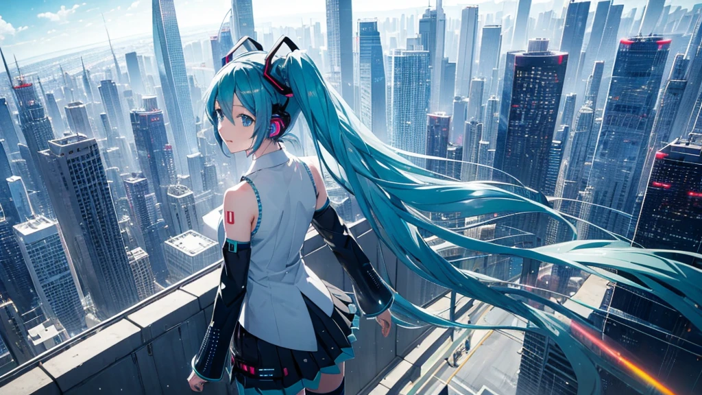 Hatsune Miku against a vast, futuristic city skyline、A spectacular scene showcasing colorful and energetic electronic dance music。