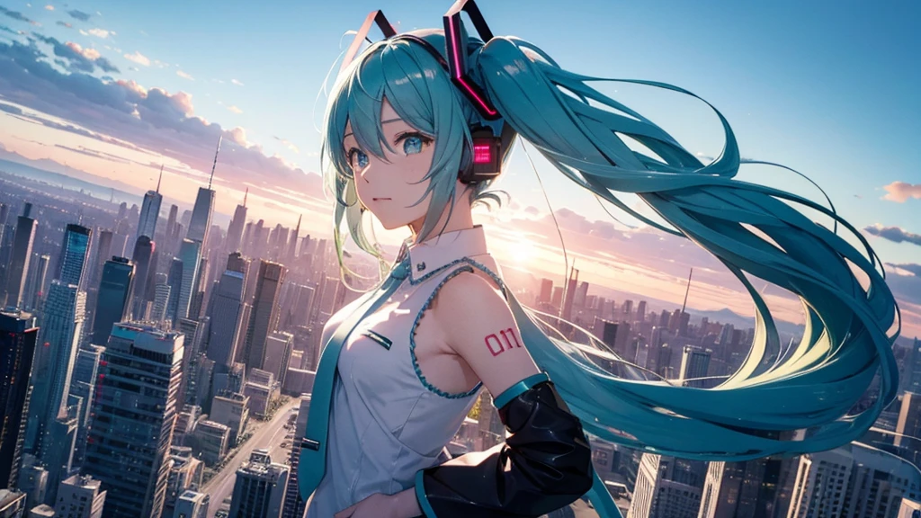 Hatsune Miku against a vast, futuristic city skyline、A spectacular scene showcasing colorful and energetic electronic dance music。