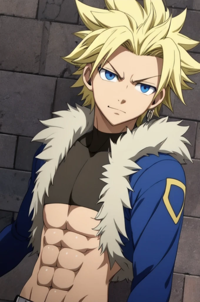 masterpiece, best quality, game cg, 1boy, solo, male focus, looking at viewer, upper body, depth of field, anime coloring, , sting_eucliffe, blonde hair, blue eyes, spiked hair, , ,