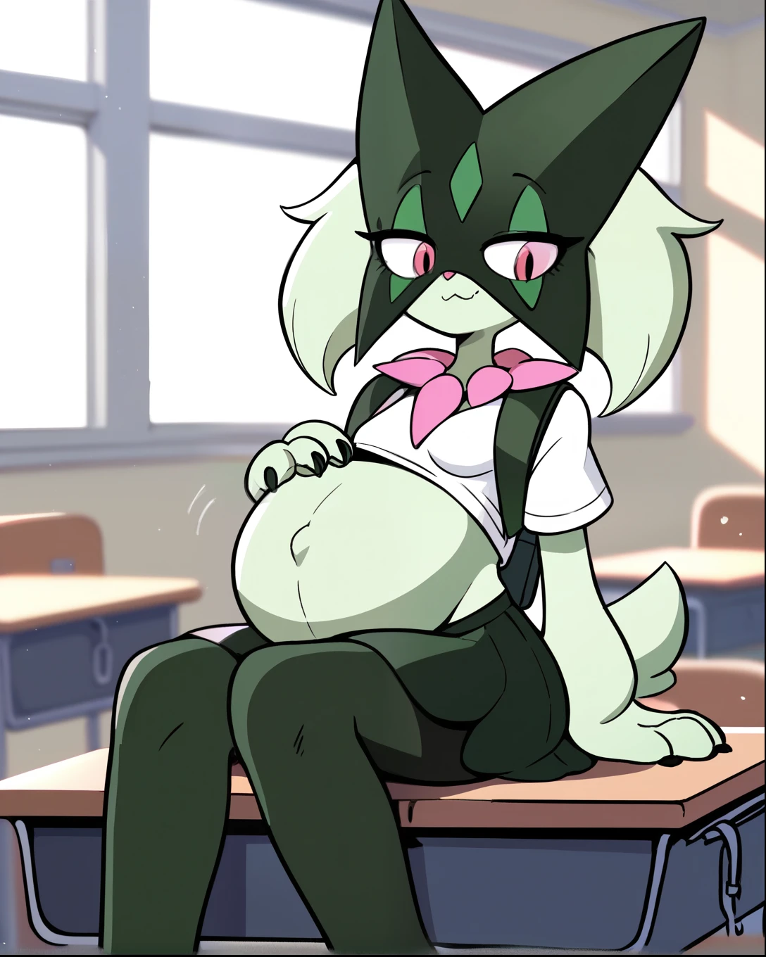 score_9, score_8_up, 1girl, meowscarada, happy, full body, school, human proportions, looking at viewer, by diives, pregnant, pregnancy, shy smile, rubor, mirada cansada, sit on desk, sitting, sit on desk, desk, classroom, salon de clases, school, hands on skirt, lift skirt, lifting skir, black uniform, black blouse, black skirt, short skirt, ((anime school uniform)), green skin, green fur, furry, backpack.