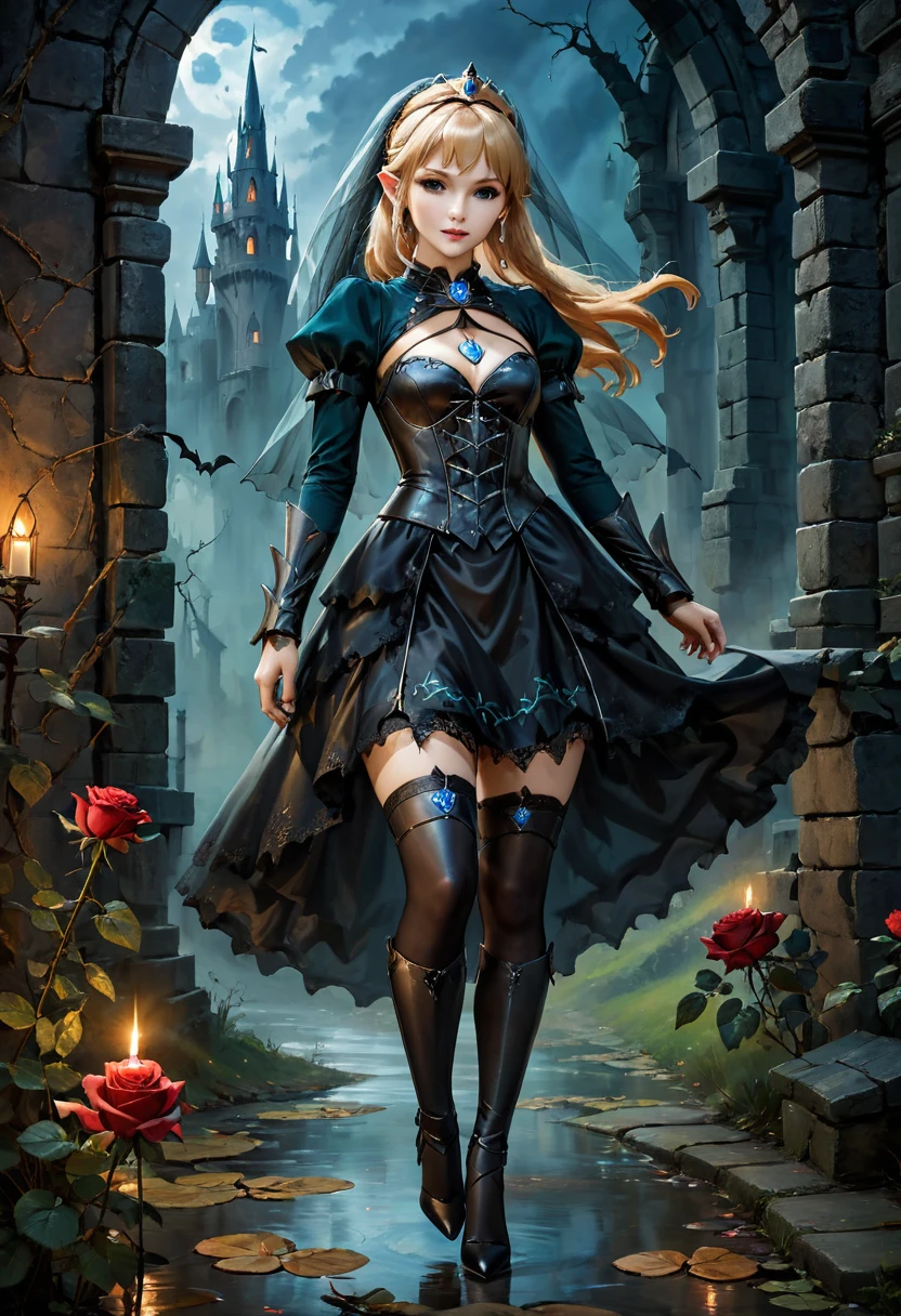 Dark fantasy art, fantasy art, goth art,  a picture of the elf Princess Zelda as vampire, exquisite beauty, full body shot, dark glamour shot, pale white skin, blond hair, long hair, wavy hair, (glowing green: 1.3) eyes, she  wears a (green: 1.3) intricate armor, thigh high heels, , ArmoredDress, the roses are imprinted on the dress (black: 1.4)  black roses betmd, high heells, dark castle porchm, dark, black and colorm, Dark Art Painting Style, hud_s1n, short black dress, long sleeves, veil, thighhighs