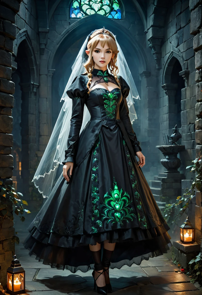 Dark fantasy art, fantasy art, goth art, a picture of the elf Princess Zelda as vampire, exquisite beauty, full body shot, dark glamour shot, pale white skin, blond hair, long hair, wavy hair, (glowing green: 1.3) eyes, she wears a (green: 1.3) intricate armor, thigh high heels, , ArmoredDress, the roses are imprinted on the dress (black: 1.4) black roses betmd, high heells, dark castle porchm, dark, black and colorm, Dark Art Painting Style, hud_s1n, short black dress, long sleeves, veil, thighhighs