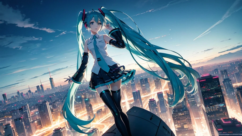 Hatsune Miku against a vast, futuristic city skyline、A spectacular scene showcasing colorful and energetic electronic dance music。